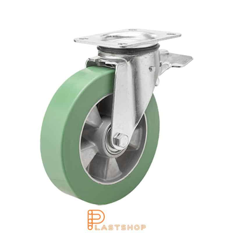 Länkhjul med broms, platta, hjuldiameter 160 mm, bygghöjd 196 mm, nav i aluminium med mjuk bana i ElastoPUR i grön färg. 400 kg bärighet, dubbla kullager
