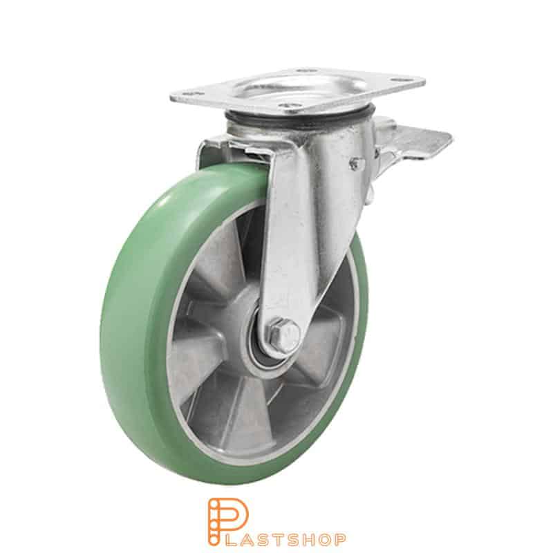 Rueda de enlace con freno, placa, diámetro de la rueda 160 mm, altura de construcción 196 mm, buje en aluminio con banda suave en ElastoPUR de color verde. 400 kg de carga, cojinetes de bolas dobles