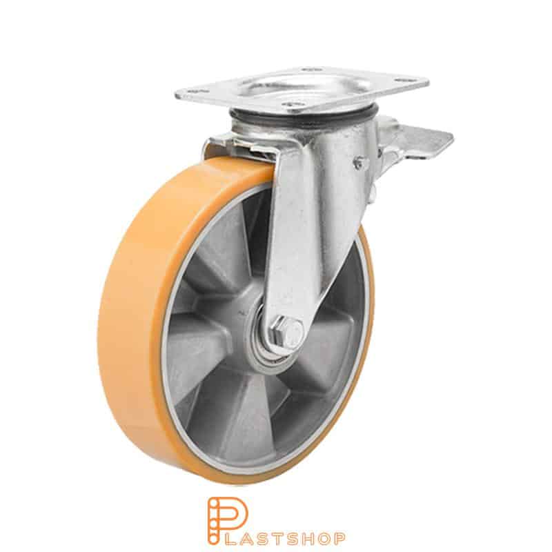 Link wheel with brake, plate, wheel diameter 160 mm, building height 196 mm, hub in aluminum with soft band in PUR in orange color. 400 kg load capacity, double ball bearing