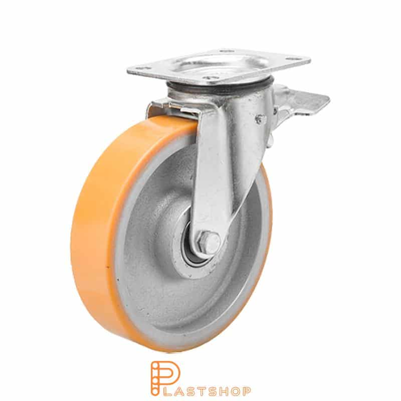 Länkhjul med broms, platta, hjuldiameter 160 mm, bygghöjd 196 mm, nav i gjutjärn med mjuk bana i PUR i orange färg. 400 kg bärighet, dubbla kullager