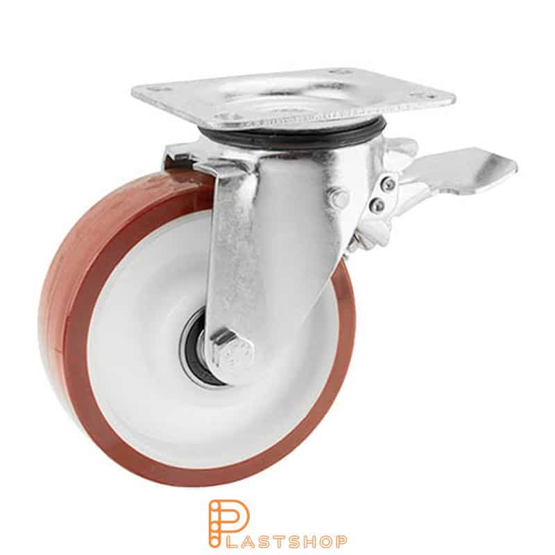 Lenkki pyörä jarrulla, laippa, pyörän halkaisija 160 mm, rakennuskorkeus 196 mm, navat PA6:sta pehmeällä uralla PUR:sta punaisessa värissä. 400 kg kantavuus, kaksi palloalaakeria