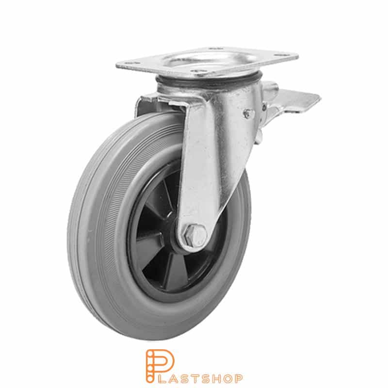 Länkhjul med broms, platta, hjuldiameter 160 mm, bygghöjd 196 mm, nav i PP med mjuk bana i gummi i grå färg. 135 kg bärighet, rullager