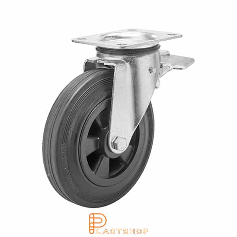 Lenkki pyörä jarrulla, laippa, pyörän halkaisija 160 mm, rakennuskorkeus 196 mm, navat PP:stä pehmeällä uralla kuminasta mustassa värissä. 135 kg kantavuus, liukulaakeri