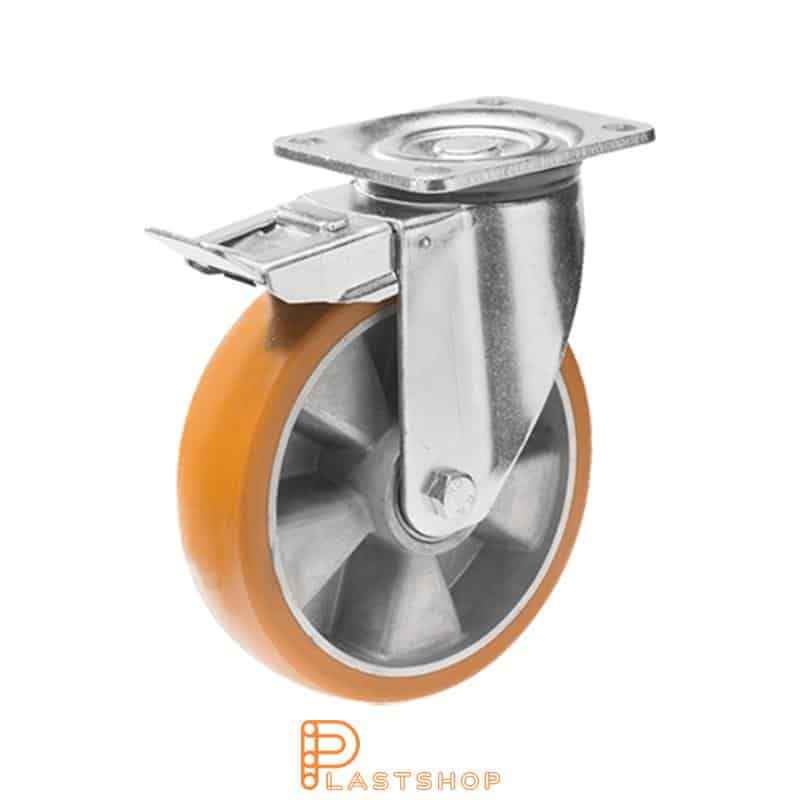 Lenkki pyörä jarrulla, laippa, pyörän halkaisija 160 mm, rakennuskorkeus 199 mm, navat alumiinista pehmeällä uralla ElastoPUR:sta ruskeassa värissä. 600 kg kantavuus, kaksi palloalaakeria