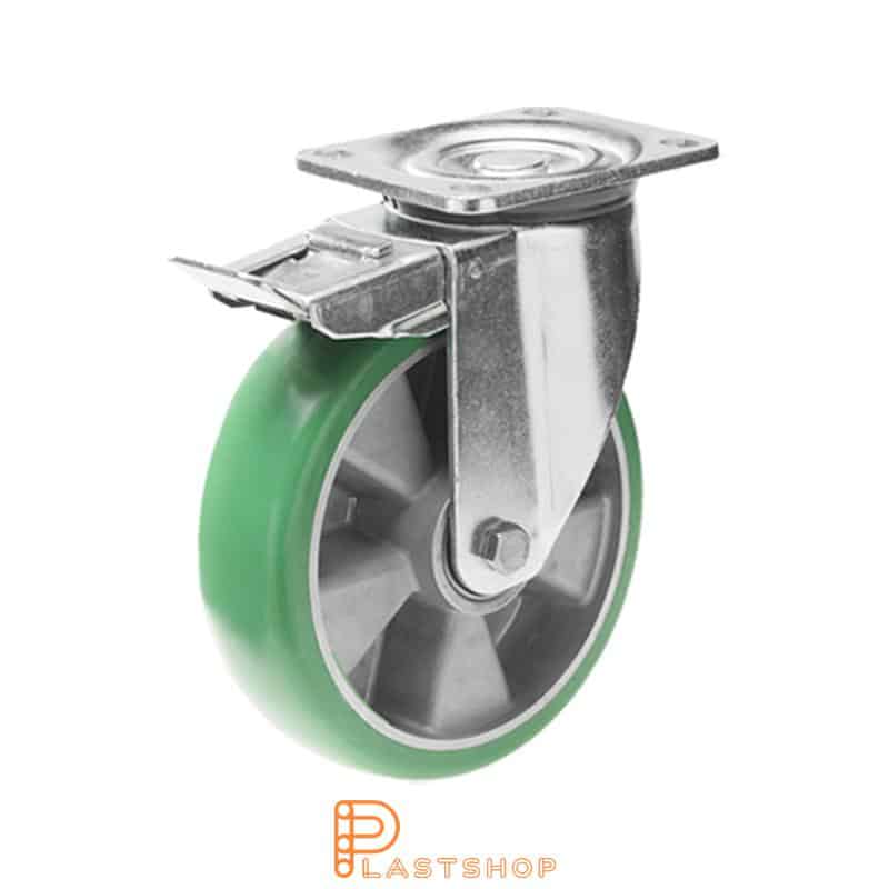 Lenkjhjul med bremse, plate, hjuldiameter 160 mm, byggehøyde 199 mm, nav i aluminium med myk bane i ElastoPUR i grønn farge. 550 kg bæreevne, doble kullager