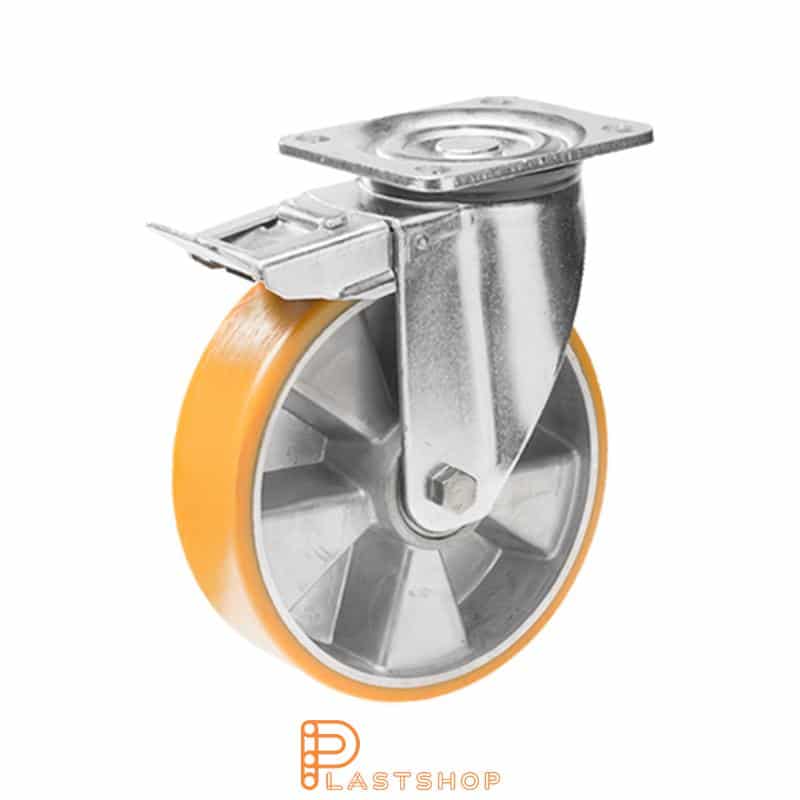 Länkhjul med broms, platta, hjuldiameter 160 mm, bygghöjd 199 mm, nav i aluminium med mjuk bana i PUR i orange färg. 600 kg bärighet, dubbla kullager