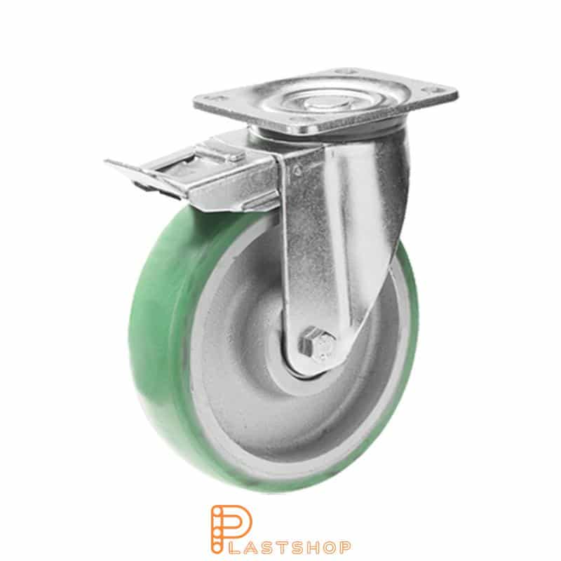 Lenkjhjul med bremse, plate, hjuldiameter 160 mm, byggehøyde 199 mm, nav i støpejern med myk bane i ElastoPUR i grønn farge. 550 kg bæreevne, doble kullager