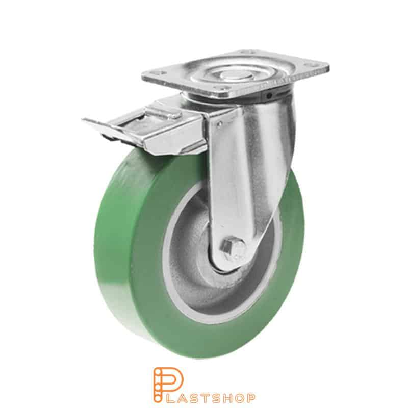 Lenkjhjul med bremse, plate, hjuldiameter 160 mm, byggehøyde 199 mm, nav i støpejern med myk bane i ElastoPUR i grønn farge. 550 kg bæreevne, doble kullager