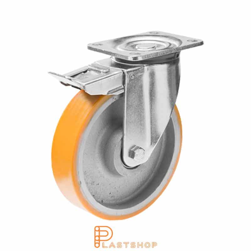 Lenkjhjul med bremse, plate, hjuldiameter 160 mm, byggehøyde 199 mm, nav i støpejern med myk bane i PUR i oransje farge. 750 kg bæreevne, doble kullager