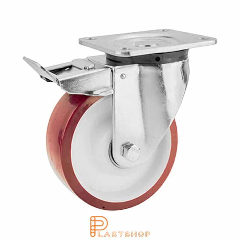 Lenkjhjul med bremse, plate, hjuldiameter 160 mm, byggehøyde 199 mm, nav i PA6 med myk bane i PUR i rød farge. 400 kg bæreevne, doble kullager