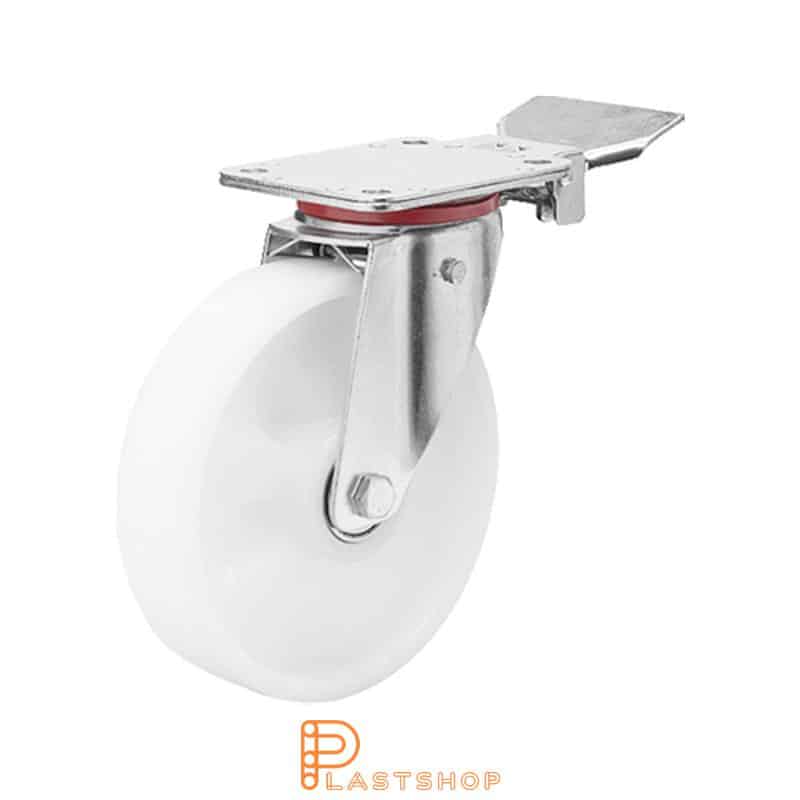 Link wheel with brake, plate, wheel diameter 160 mm, building height 200 mm, hard wheel in solid PA6, 350 kg load capacity, double ball bearing