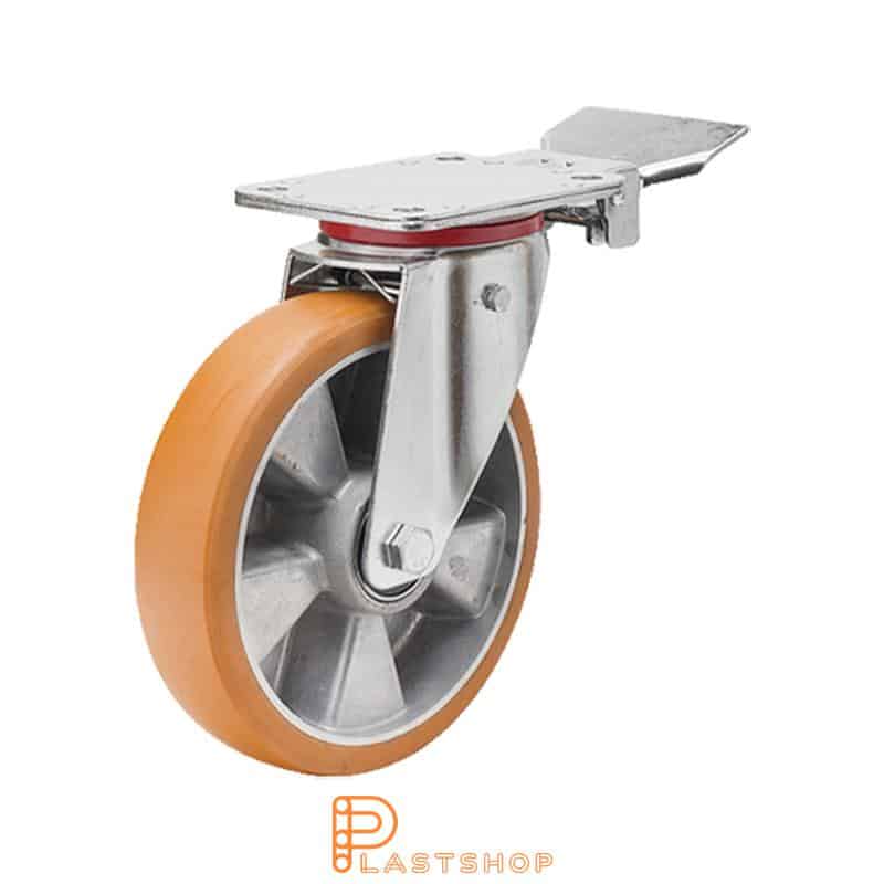 Länkhjul med broms, platta, hjuldiameter 160 mm, bygghöjd 200 mm, nav i aluminium med mjuk bana i ElastoPUR i brun färg. 350 kg bärighet, dubbla kullager