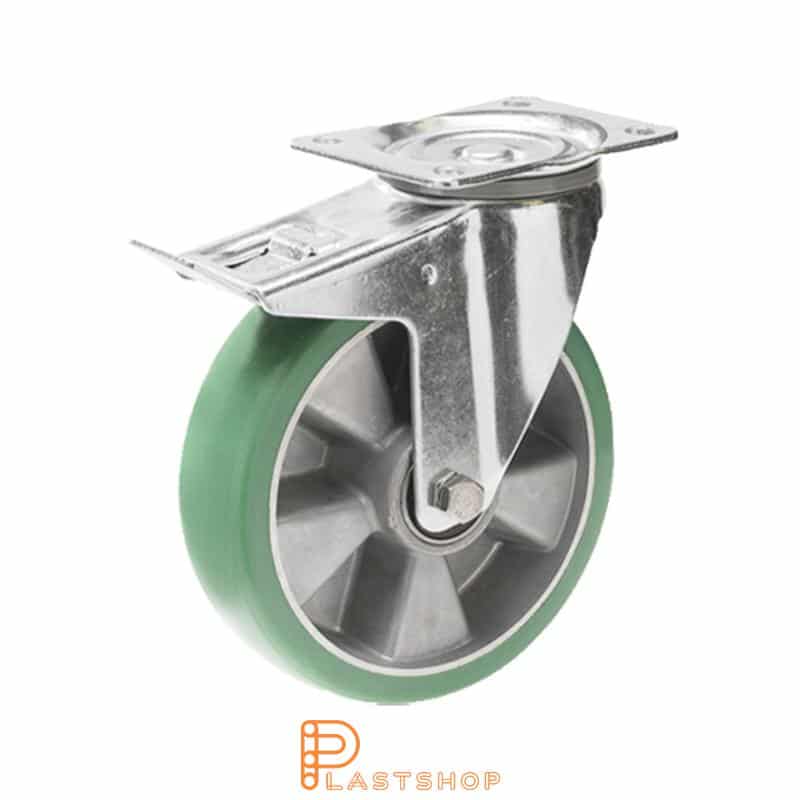 Rueda de enlace con freno, placa, diámetro de la rueda 160 mm, altura de construcción 200 mm, buje en aluminio con banda suave en ElastoPUR de color verde. 350 kg de carga, cojinetes de bolas dobles
