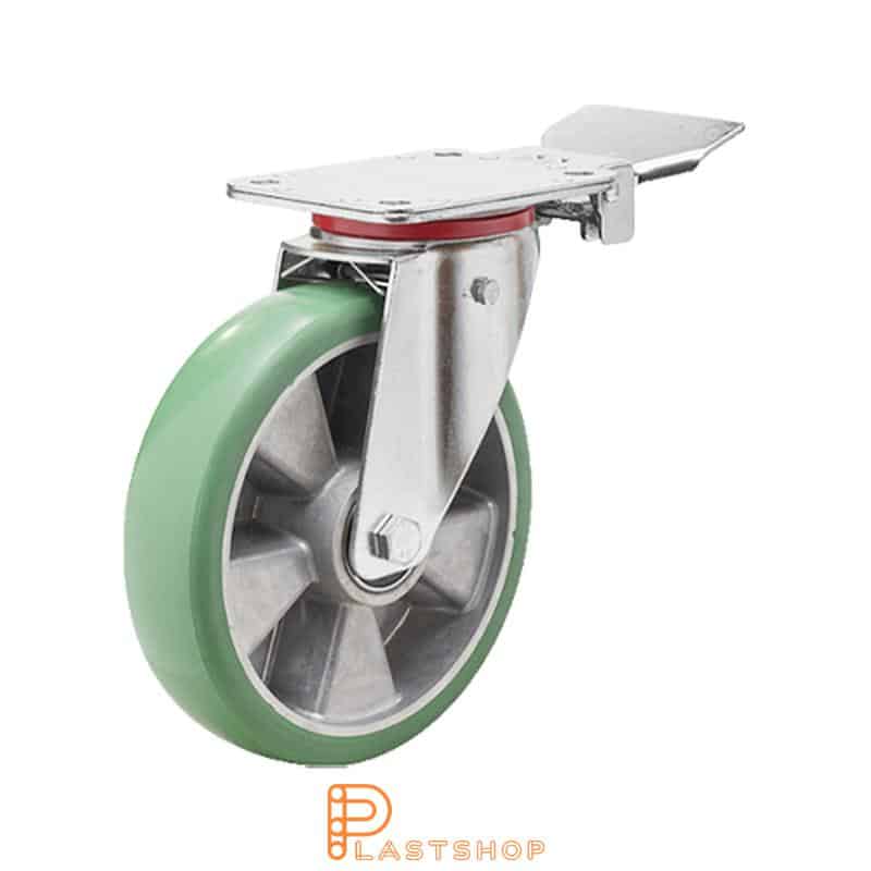 Link wheel with brake, plate, wheel diameter 160 mm, building height 200 mm, hub in aluminum with soft band in ElastoPUR in green color. 350 kg load capacity, double ball bearing