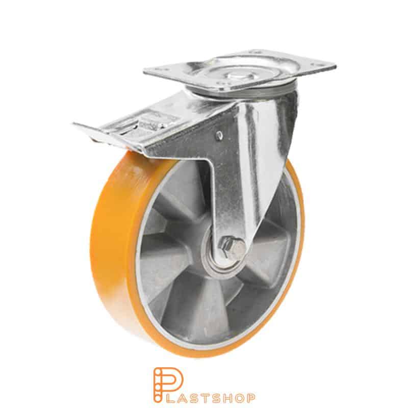 Lenkjhjul med bremse, plate, hjuldiameter 160 mm, byggehøyde 200 mm, nav i aluminium med myk bane i PUR i oransje farge. 350 kg bæreevne, doble kullager
