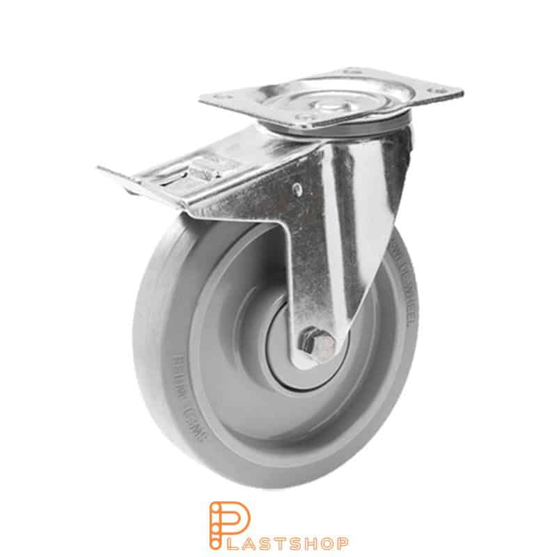 Länkhjul med broms, platta, hjuldiameter 160 mm, bygghöjd 200 mm, nav i PA6 med mjuk bana i ElastoGum i grå färg. 350 kg bärighet, dubbla kullager