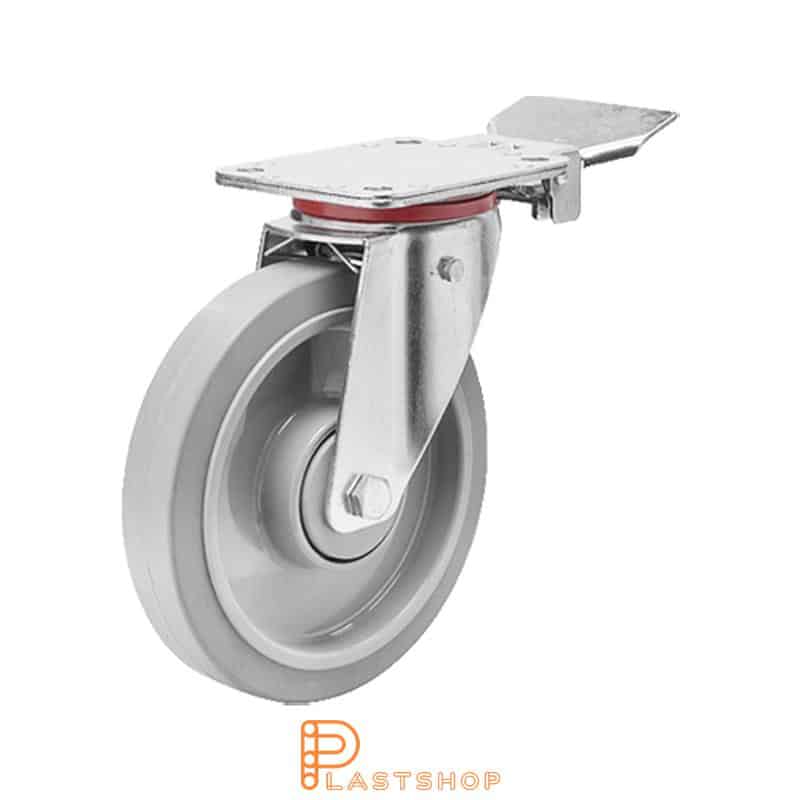 Lenkki pyörä jarrulla, laippa, pyörän halkaisija 160 mm, rakennuskorkeus 200 mm, navat PA6:sta pehmeällä uralla ElastoGum:ista harmaassa värissä. 350 kg kantavuus, kaksi palloalaakeria