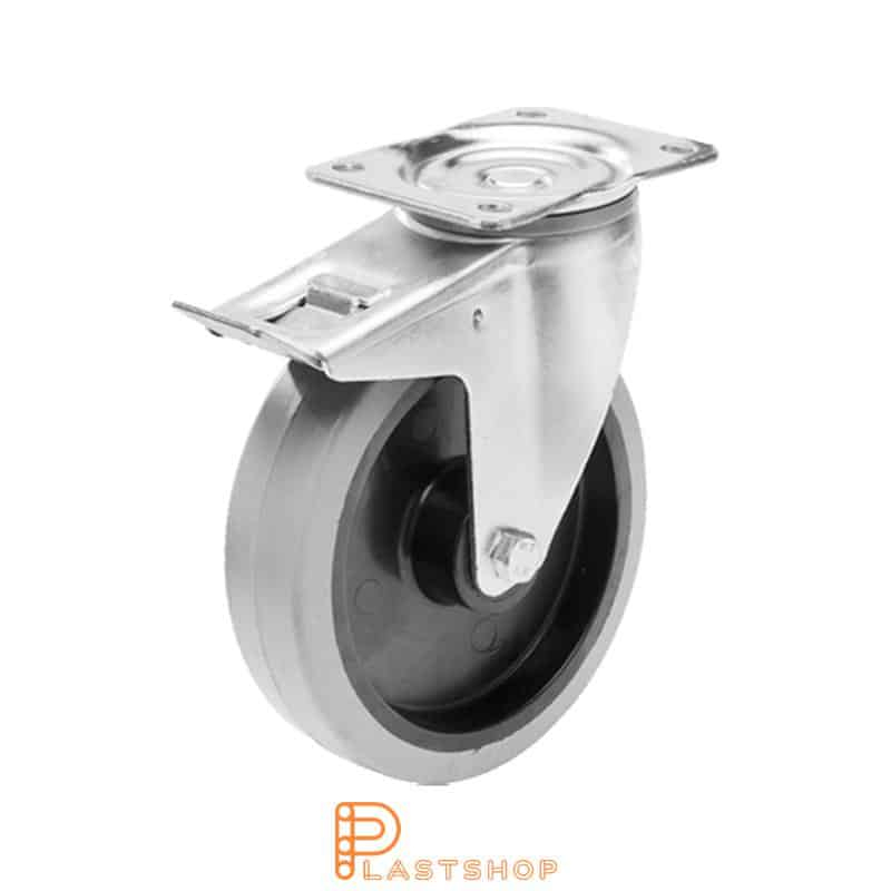 Lenkjhjul med bremse, plate, hjuldiameter 160 mm, byggehøyde 200 mm, nav i PA6 med myk bane i ElastoGum i grå farge. 350 kg bæreevne, rullager