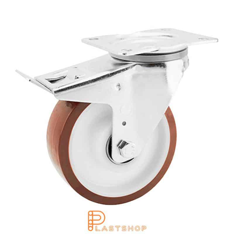 Lenkjhjul med bremse, plate, hjuldiameter 160 mm, byggehøyde 200 mm, nav i PA6 med myk bane i PUR i rød farge. 350 kg bæreevne, doble kullager