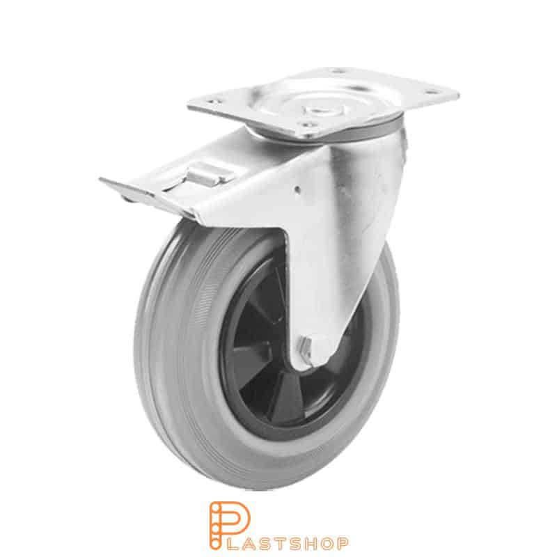 Link wheel with brake, plate, wheel diameter 160 mm, building height 200 mm, hub in PP with soft band in rubber in gray color. 135 kg load capacity, roller bearing