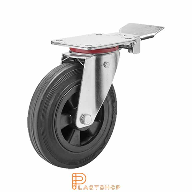 Lenkki pyörä jarrulla, laippa, pyörän halkaisija 160 mm, rakennuskorkeus 200 mm, navat PP:stä pehmeällä uralla kuminasta mustassa värissä. 135 kg kantavuus, rullalaakeri