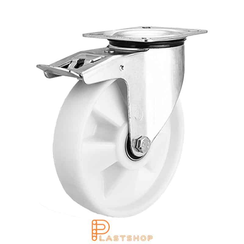 Link wheel with brake, plate, wheel diameter 200 mm, building height 235 mm, hard wheel in solid PA6, 350 kg load capacity, double ball bearing