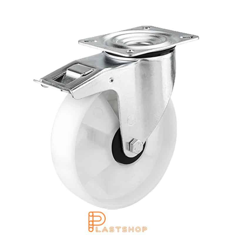 Link wheel with brake, plate, wheel diameter 200 mm, building height 235 mm, hard wheel in solid PA6, 350 kg load capacity, double ball bearing