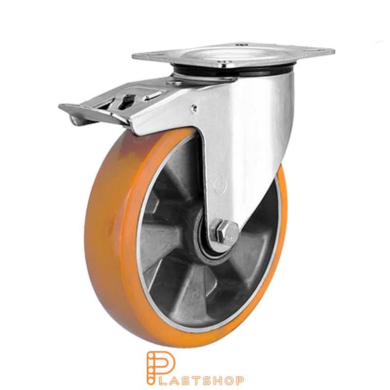 Lenkki pyörä jarrulla, laippa, pyörän halkaisija 200 mm, rakennuskorkeus 235 mm, navat alumiinista pehmeällä uralla ElastoPUR:sta ruskeassa värissä. 400 kg kantavuus, kaksi palloalaakeria