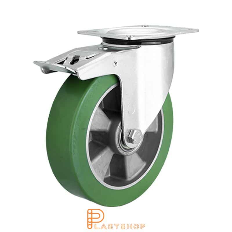 Rueda de enlace con freno, placa, diámetro de la rueda 200 mm, altura de construcción 235 mm, buje en aluminio con banda suave en ElastoPUR de color verde. 400 kg de carga, cojinetes de bolas dobles
