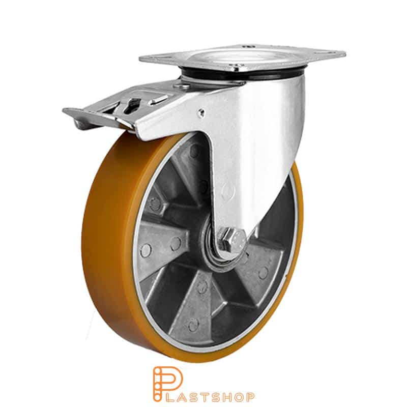 Lenkjhjul med bremse, plate, hjuldiameter 200 mm, byggehøyde 235 mm, nav i aluminium med myk bane i PUR i gul farge. 350 kg bæreevne, doble kullager