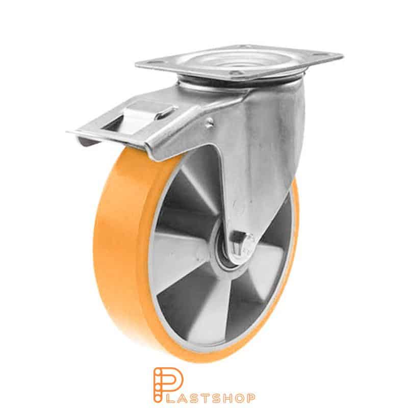 Länkhjul med broms, platta, hjuldiameter 200 mm, bygghöjd 235 mm, nav i aluminium med mjuk bana i PUR i orange färg. 350 kg bärighet, kullager