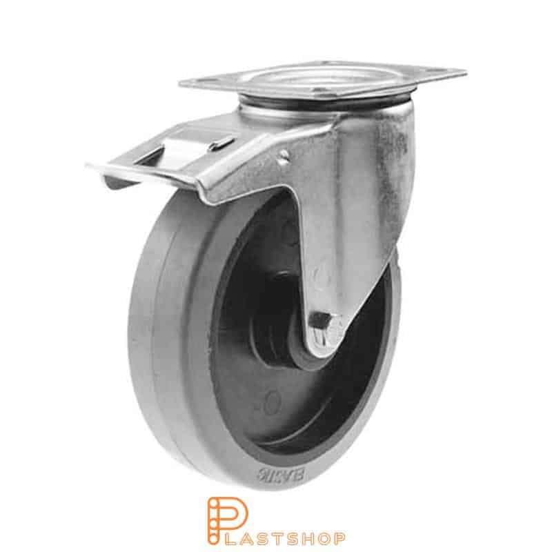 Lenkjhjul med bremse, plate, hjuldiameter 200 mm, byggehøyde 235 mm, nav i PA6 med myk bane i ElastoGum i grå farge. 250 kg bæreevne, rullager