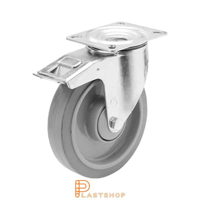 Lenkki pyörä jarrulla, laippa, pyörän halkaisija 200 mm, rakennuskorkeus 235 mm, navat PA6:sta pehmeällä uralla ElastoGum:ista harmaassa värissä. 350 kg kantavuus, kaksi palloalaakeria