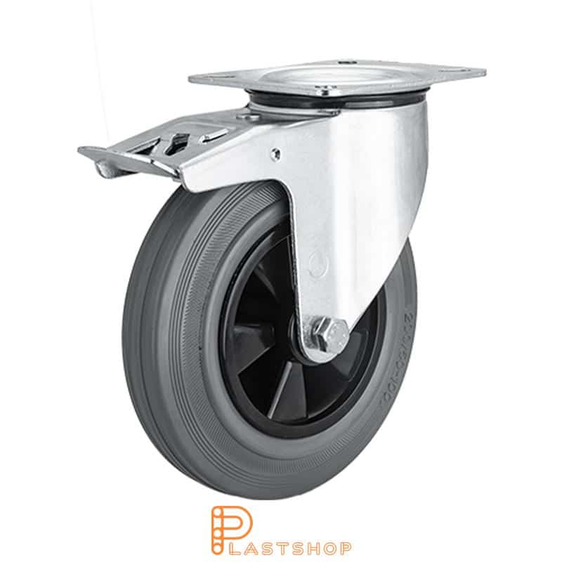 Rueda de enlace con freno, placa, diámetro de la rueda 200 mm, altura de construcción 235 mm, buje en PP con banda suave en goma de color gris. 200 kg de carga, rodamiento