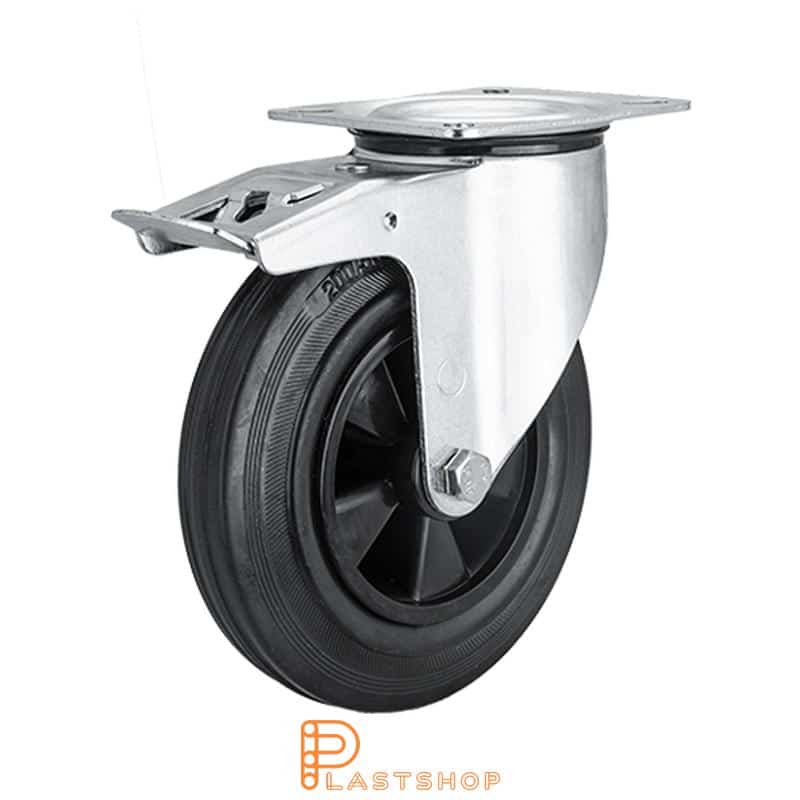 Lenkki pyörä jarrulla, laippa, pyörän halkaisija 200 mm, rakennuskorkeus 235 mm, navat PP:stä pehmeällä uralla kuminasta mustassa värissä. 200 kg kantavuus, rullalaakeri