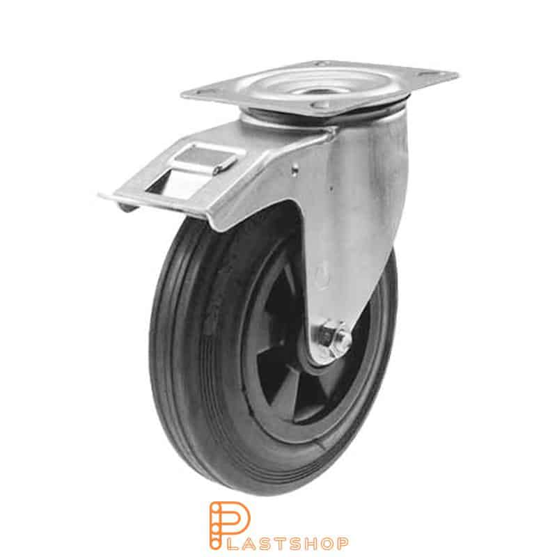 Länkhjul med broms, platta, hjuldiameter 200 mm, bygghöjd 235 mm, nav i PP med mjuk bana i gummi i svart färg. 205 kg bärighet, rullager