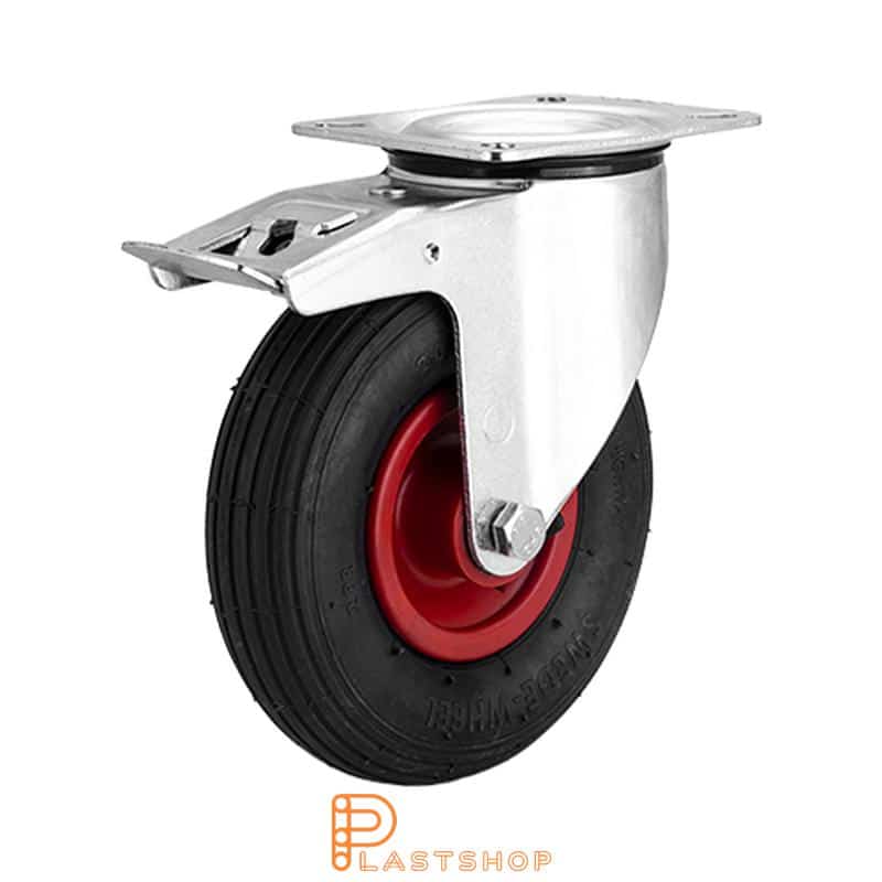 Link wheel with brake, plate, wheel diameter 200 mm, building height 235 mm, hub in PP with soft band in air rubber in red color. 60 kg load capacity, roller bearing