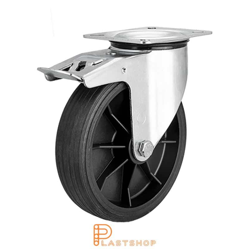 Lenkki pyörä jarrulla, laippa, pyörän halkaisija 200 mm, rakennuskorkeus 235 mm, navat PP:stä pehmeällä uralla ReGum:ista mustassa värissä. 120 kg kantavuus, liukulaakeri