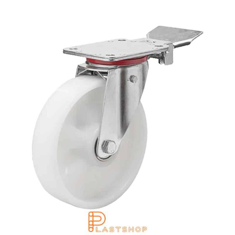 Link wheel with brake, plate, wheel diameter 200 mm, building height 237 mm, hard wheel in solid PA6, 350 kg load capacity, double ball bearing