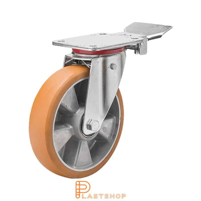 Lenkjhjul med bremse, plate, hjuldiameter 200 mm, byggehøyde 237 mm, nav i aluminium med myk bane i ElastoPUR i brun farge. 350 kg bæreevne, doble kullager