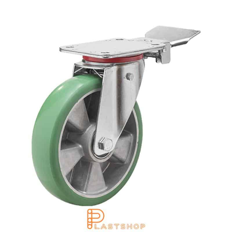Länkhjul med broms, platta, hjuldiameter 200 mm, bygghöjd 237 mm, nav i aluminium med mjuk bana i ElastoPUR i grön färg. 350 kg bärighet, dubbla kullager