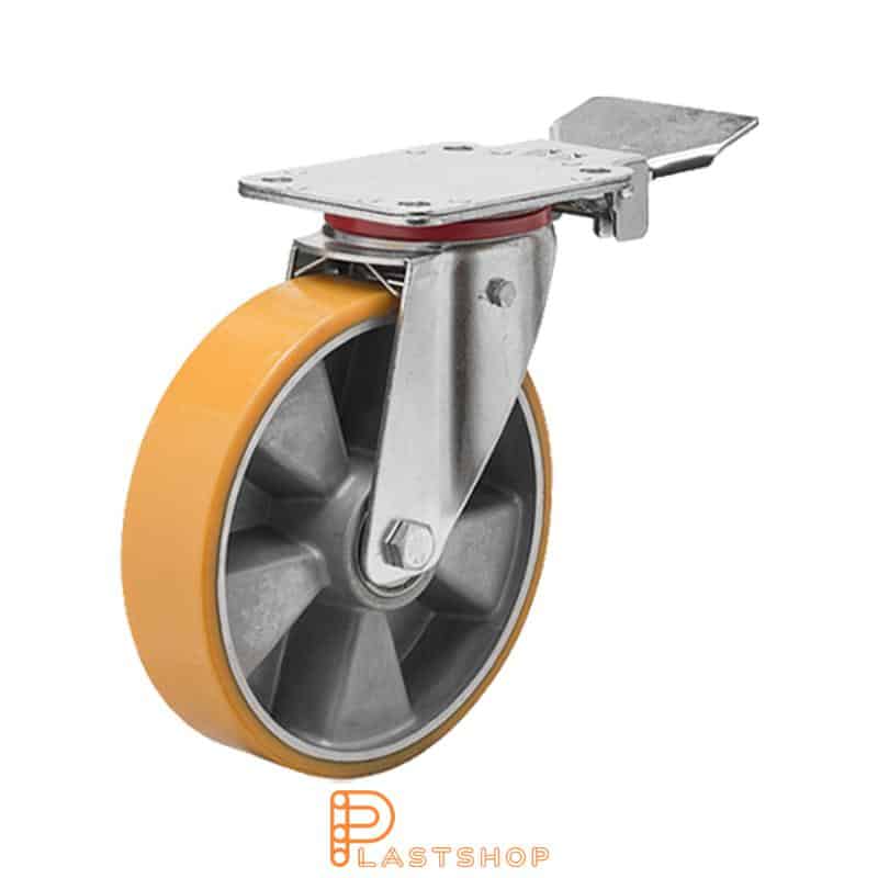 Lenkjhjul med bremse, plate, hjuldiameter 200 mm, byggehøyde 237 mm, nav i aluminium med myk bane i PUR i oransje farge. 350 kg bæreevne, doble kullager