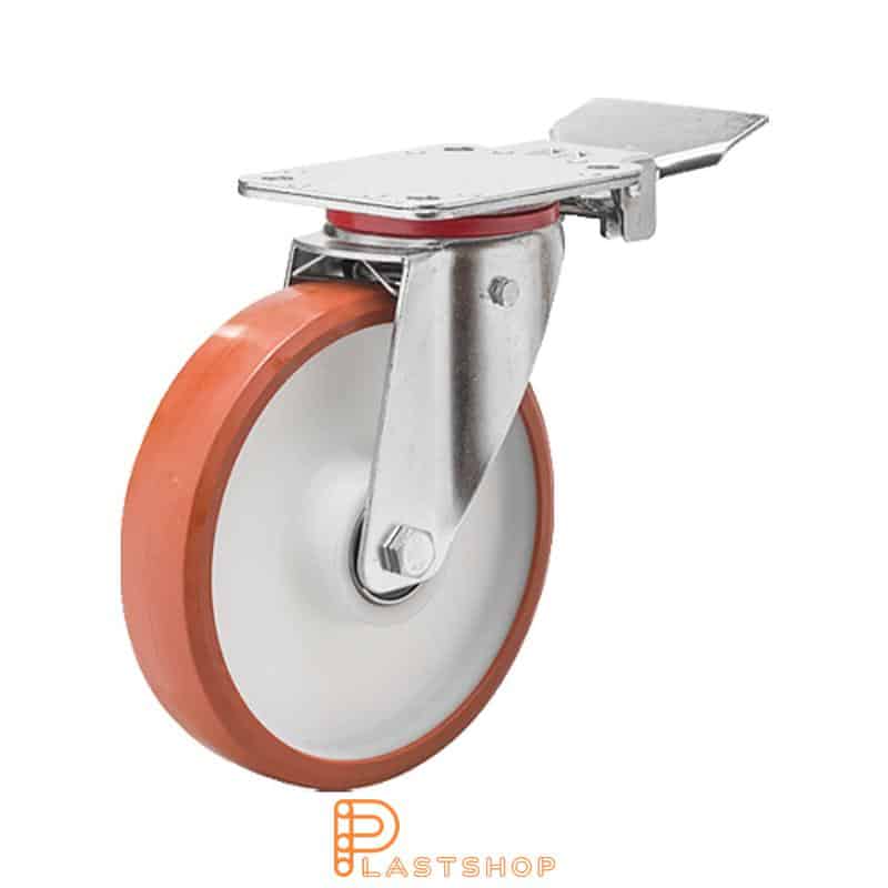 Länkhjul med broms, platta, hjuldiameter 200 mm, bygghöjd 237 mm, nav i PA6 med mjuk bana i PUR i röd färg. 350 kg bärighet, dubbla kullager