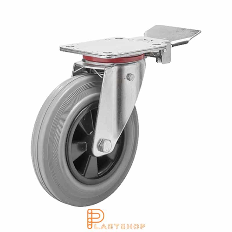 Länkhjul med broms, platta, hjuldiameter 200 mm, bygghöjd 237 mm, nav i PP med mjuk bana i gummi i grå färg. 205 kg bärighet, rullager