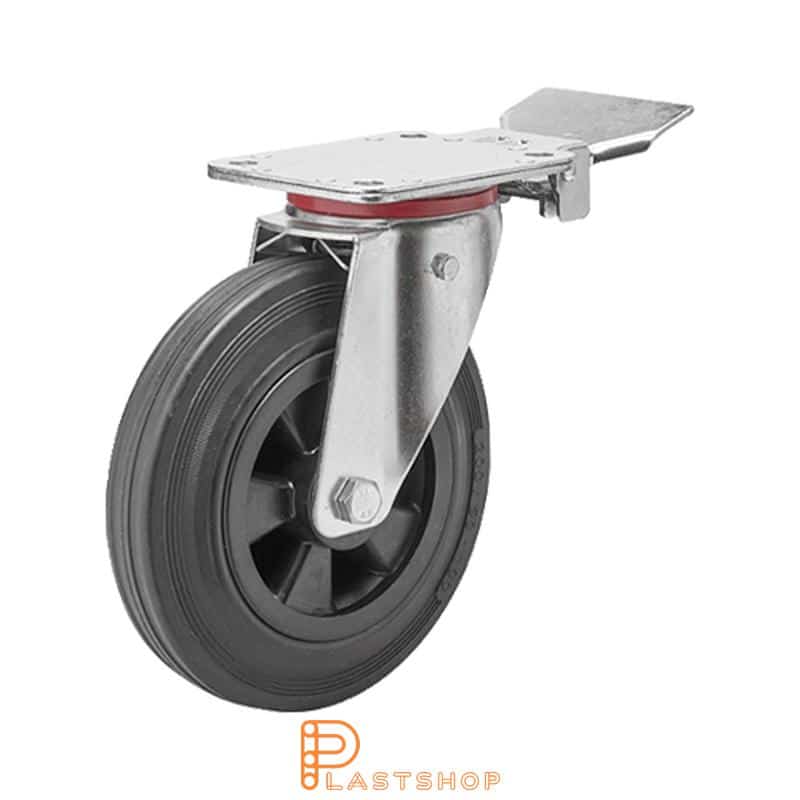 Lenkjhjul med bremse, plate, hjuldiameter 200 mm, byggehøyde 237 mm, nav i PP med myk bane i gummi i svart farge. 205 kg bæreevne, rullager