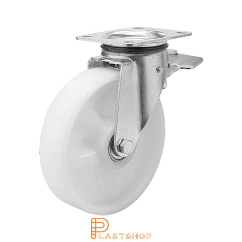 Link wheel with brake, plate, wheel diameter 200 mm, building height 239 mm, hard wheel in solid PA6, 400 kg load capacity, double ball bearing