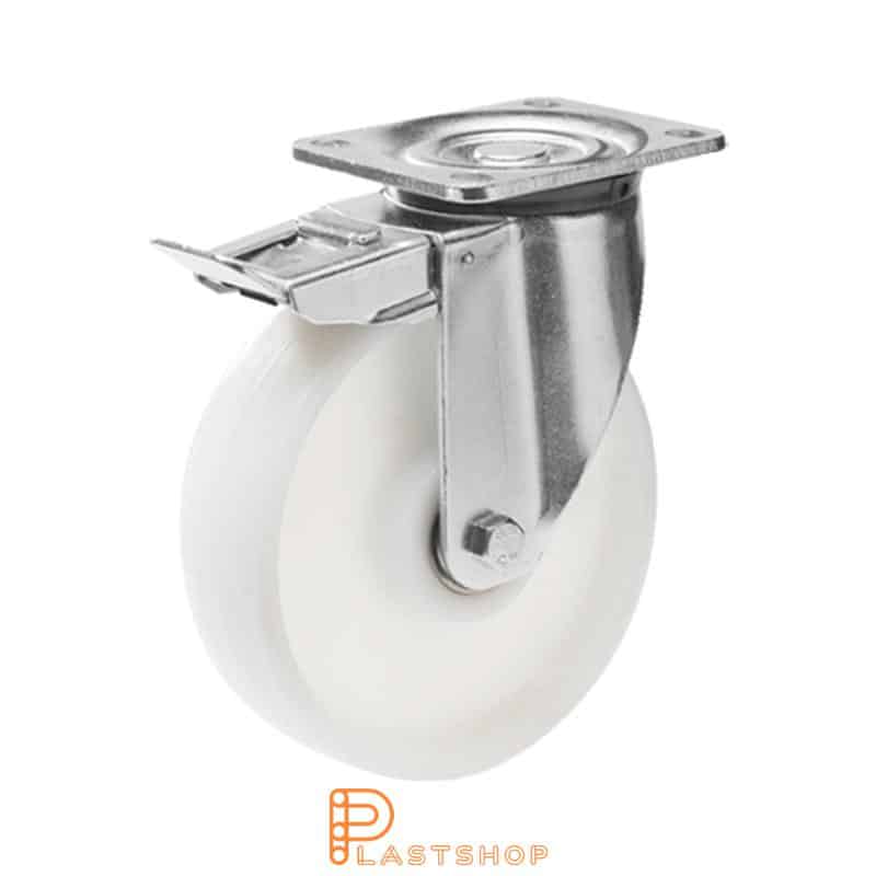 Link wheel with brake, plate, wheel diameter 200 mm, building height 239 mm, hard wheel in solid PA6, 500 kg load capacity, slide bearing
