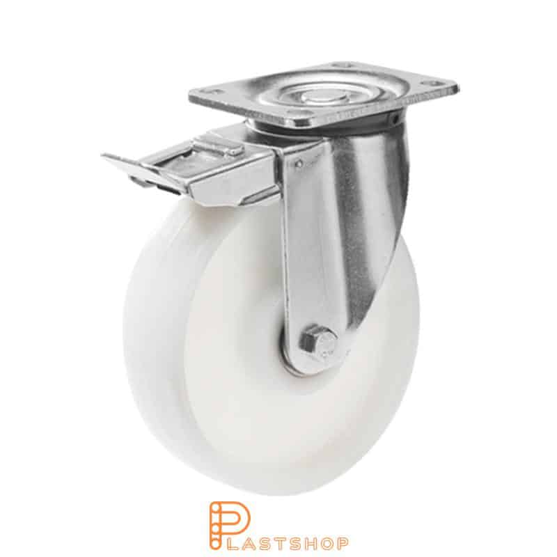 Länkhjul med broms, platta, hjuldiameter 200 mm, bygghöjd 239 mm, hårt hjul i massiv PA6, 600 kg bärighet, dubbla kullager