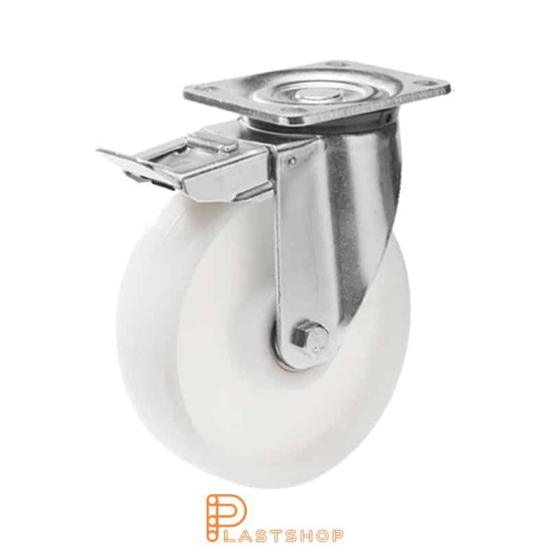 Link wheel with brake, plate, wheel diameter 200 mm, building height 239 mm, hard wheel in solid PA6, 800 kg load capacity, double ball bearing