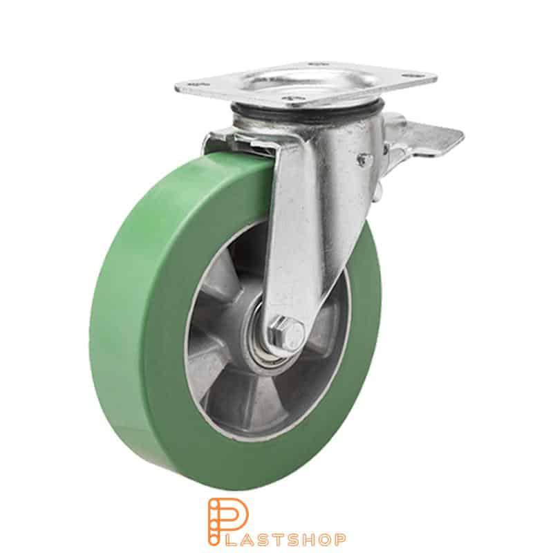 Lenkki pyörä jarrulla, laippa, pyörän halkaisija 200 mm, rakennuskorkeus 239 mm, navat alumiinista pehmeällä uralla ElastoPUR:sta vihreässä värissä. 400 kg kantavuus, kaksi palloalaakeria